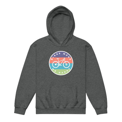 A gray Bikes Make Me Happy youth hoodie with a circular graphic badge on the chest.