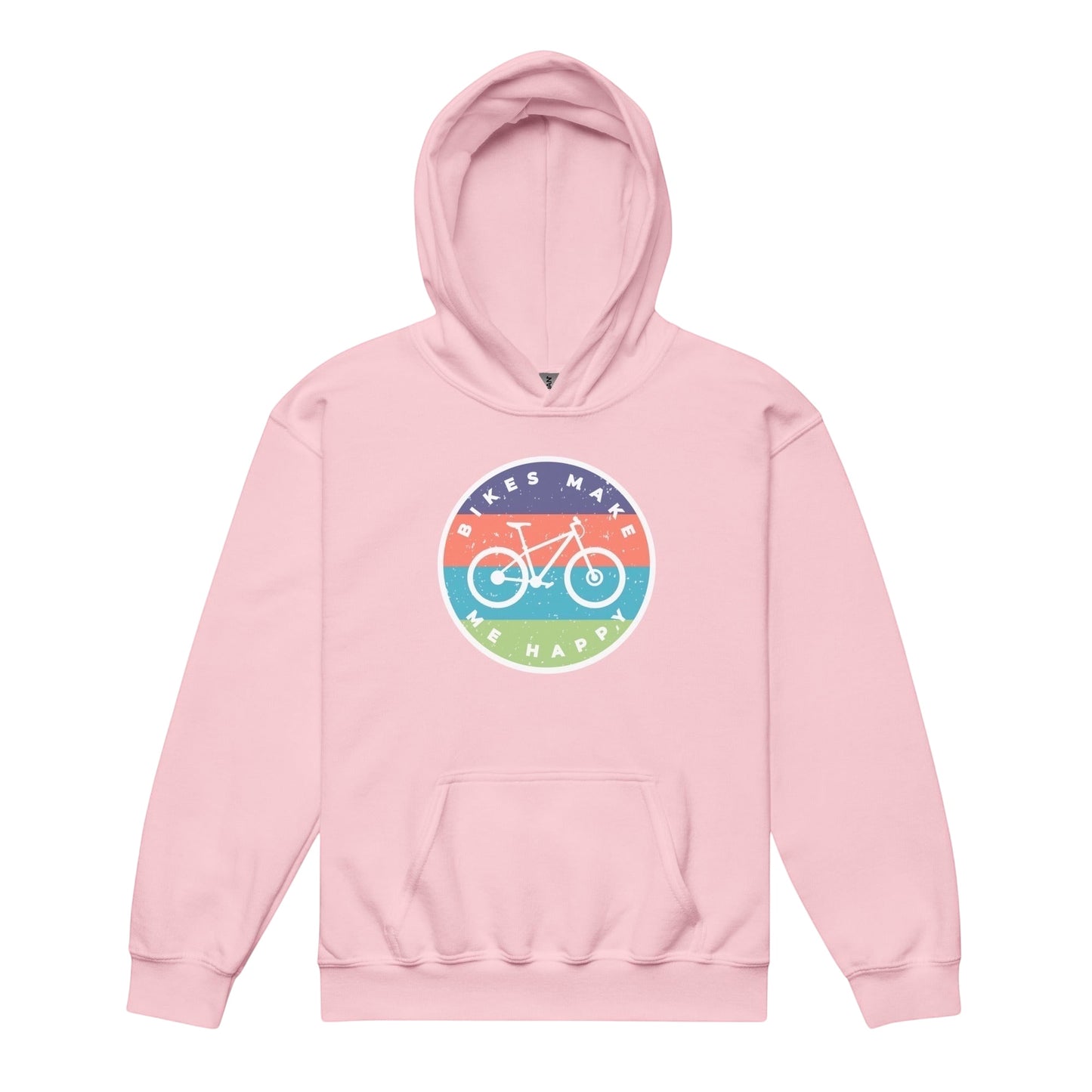 A pink Bikes Make Me Happy youth hoodie with a circular graphic badge on the chest.