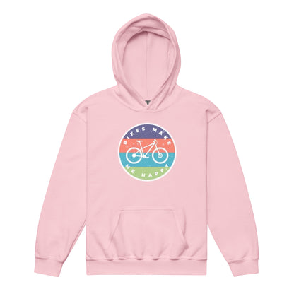 A pink Bikes Make Me Happy youth hoodie with a circular graphic badge on the chest.