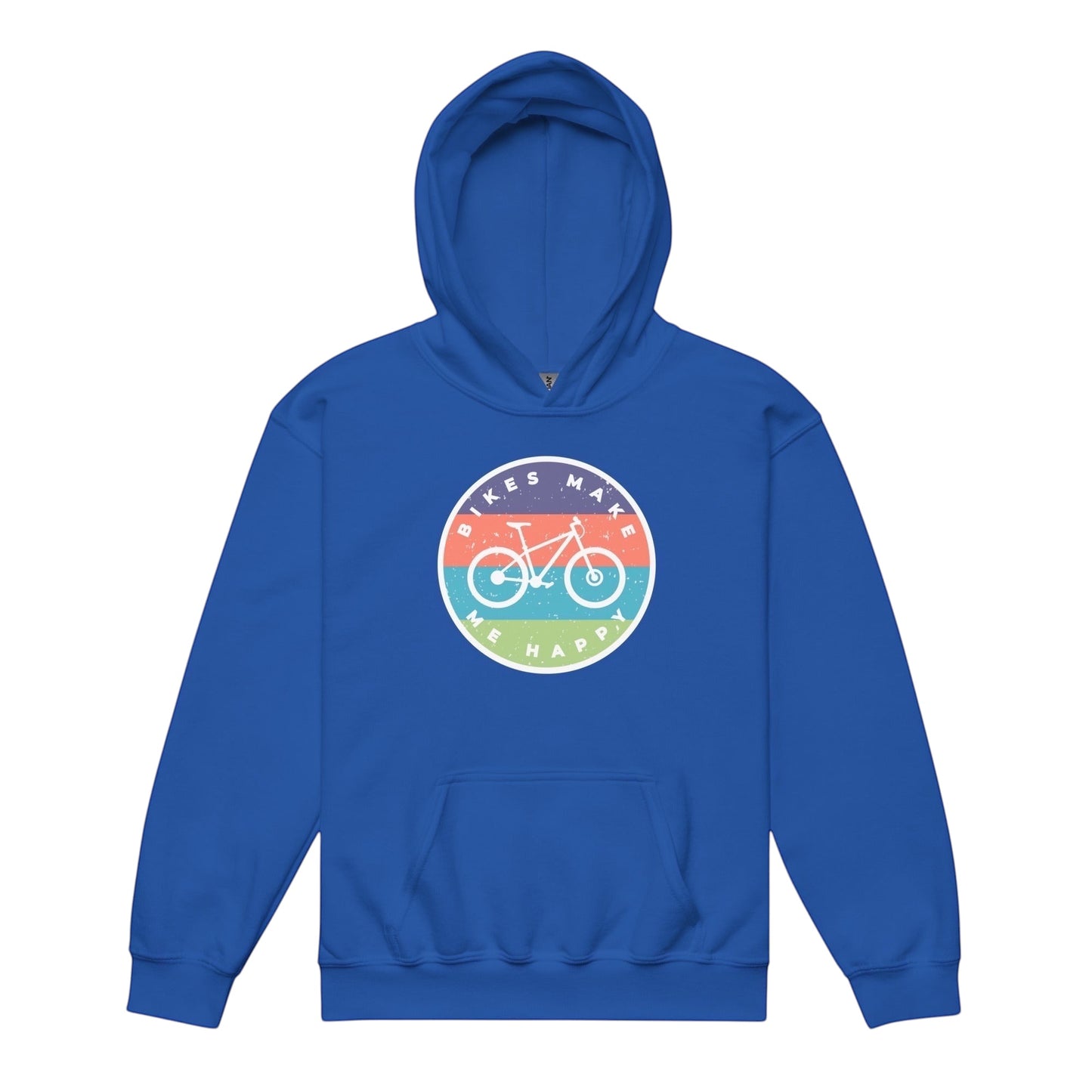 A royal blue Bikes Make Me Happy youth hoodie with a circular graphic badge on the chest.